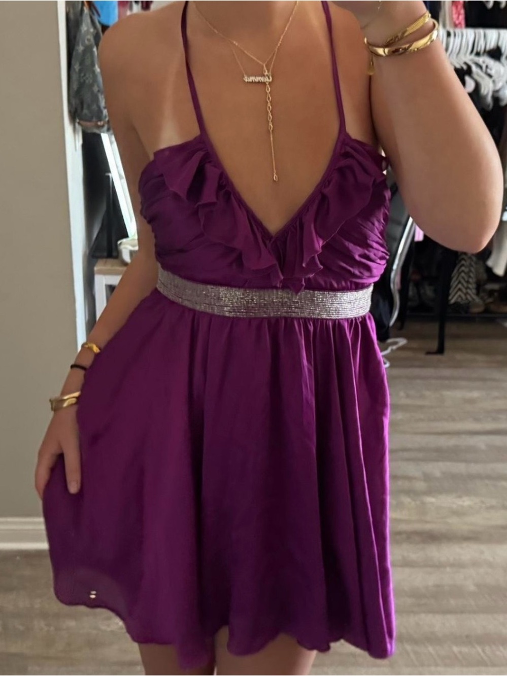 Forever 21 Purple Ruffle Halter Mini Dress Sequin Waist M